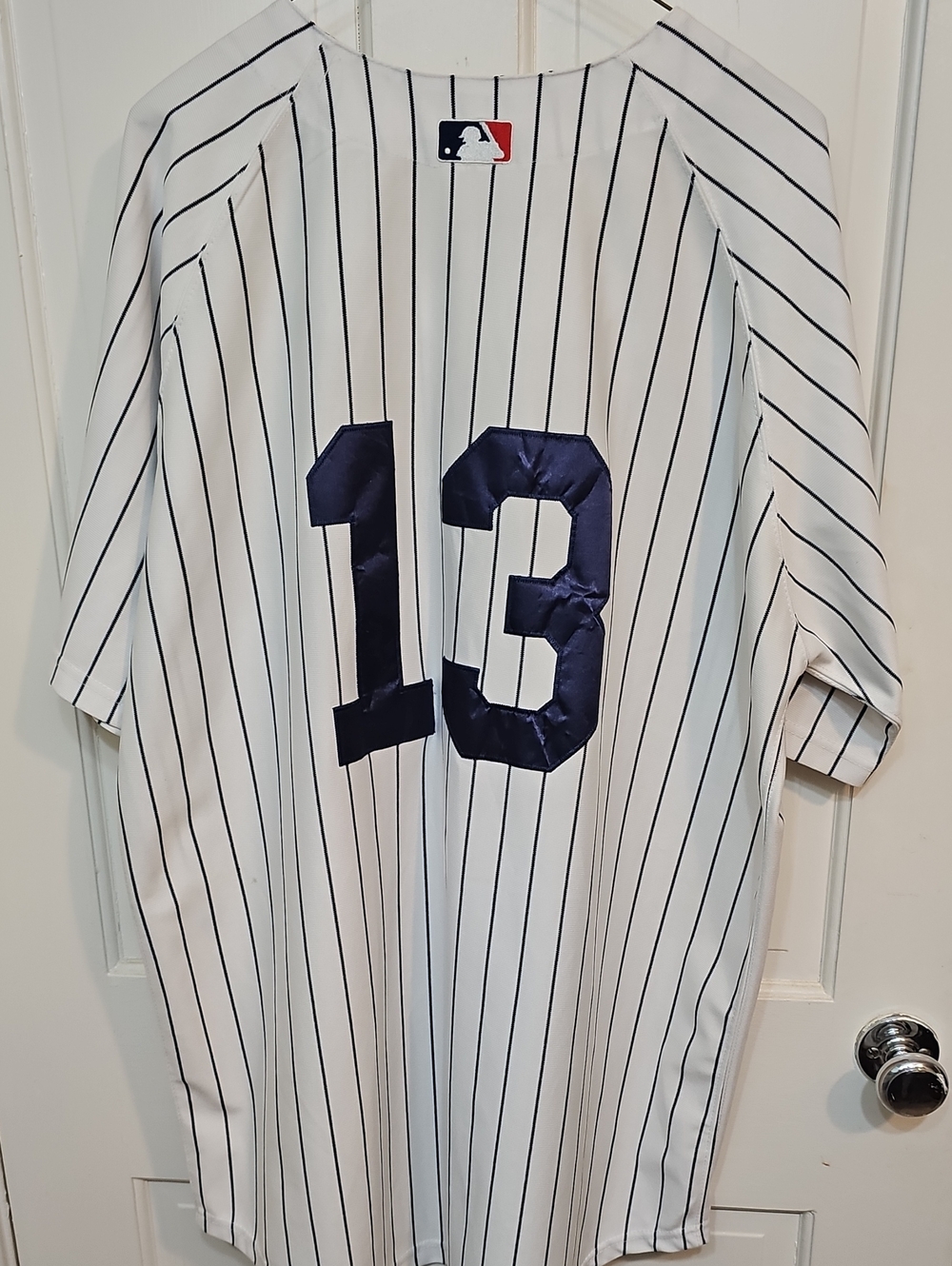 MLB Men’s White Pinstripe Jersey with Navy 13